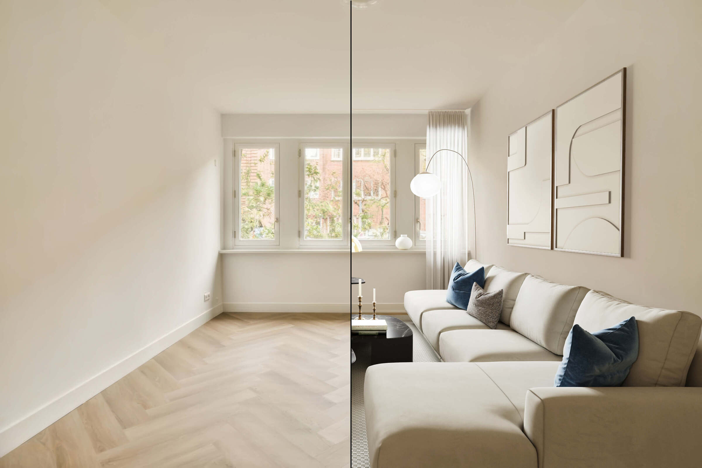 Slika sobe bez nameštaja (pre virtuelnog staginga) i slika sobe sa nameštajem (posle virtuelnog staginga)