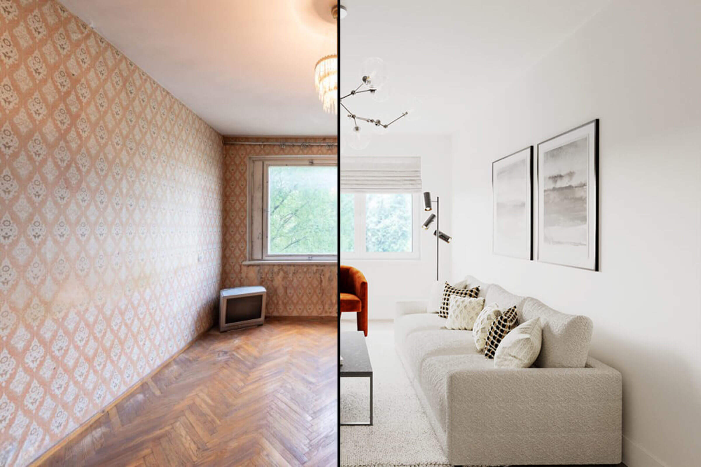 Slika neobnovljene sobe (pre virtuelne renovacije) i slika obnovljene sobe (posle virtuelne renovacije)